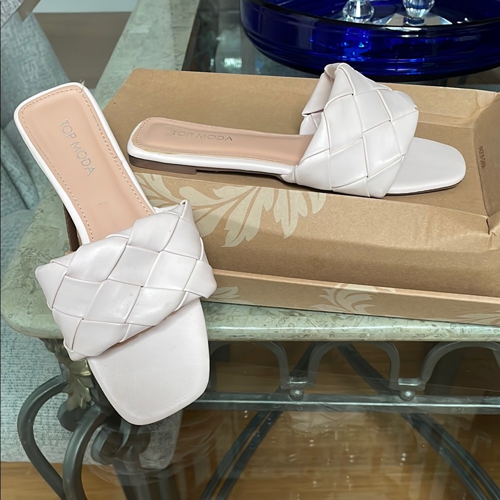 Top Moda Women's off white Woven Slide Sandals